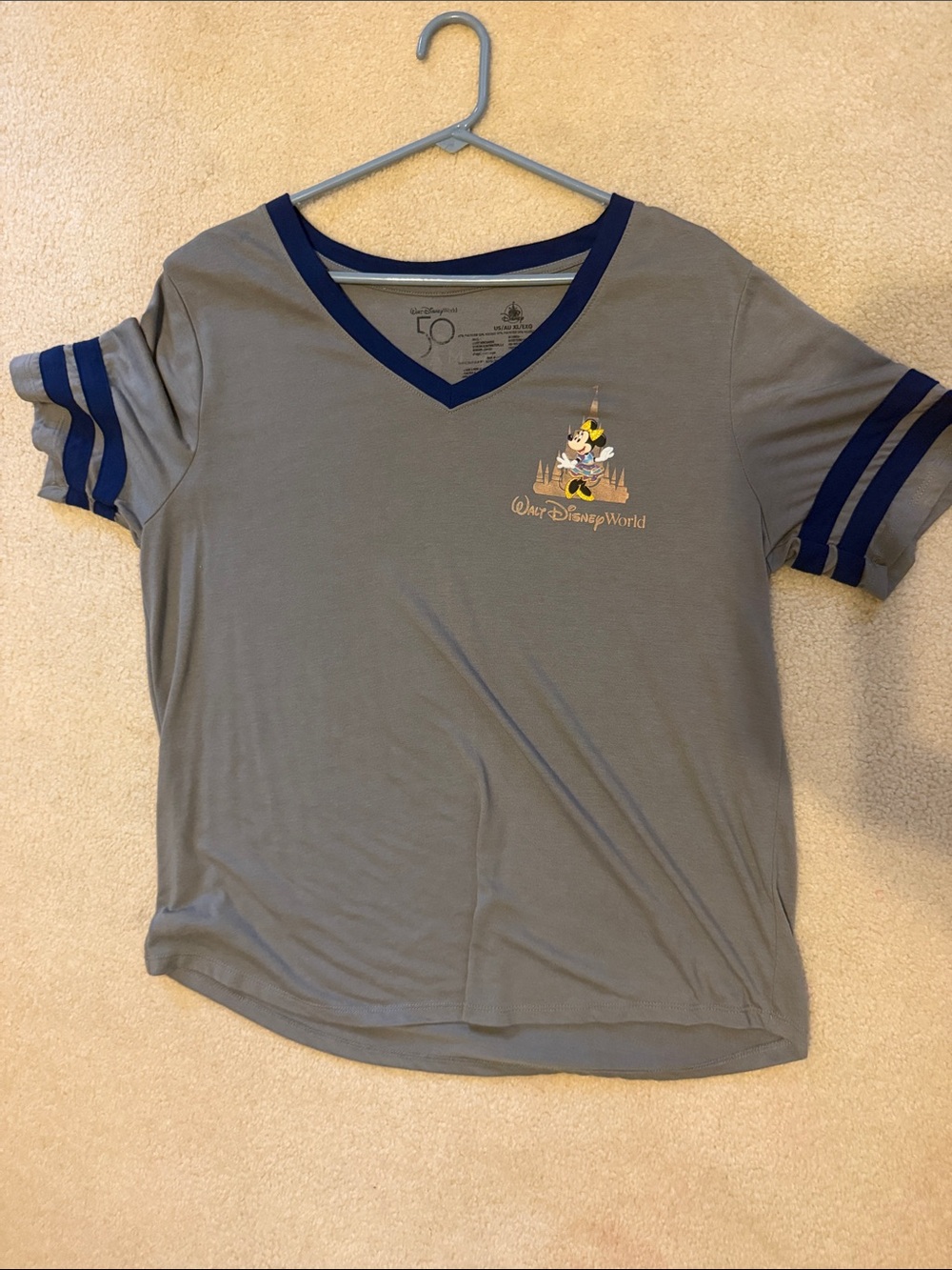 50th Walt Disney World Gray V‑Neck Tee with Navy Trim and Mickey Graphic